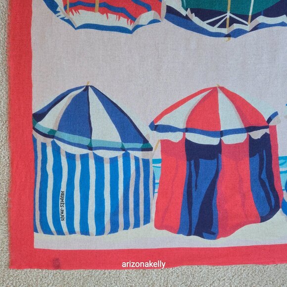 Hermès WOOL STOLE Charmes des Plages Normandes Rectangle Scarf Beach Cabanas - Picture 8 of 16